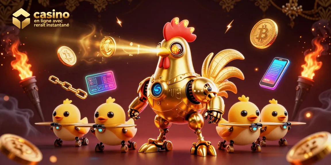 Gagnez rapidement au casino en ligne avec retrait instantané, illustré par un robot en or futuriste et des cryptomonnaies scintillantes.