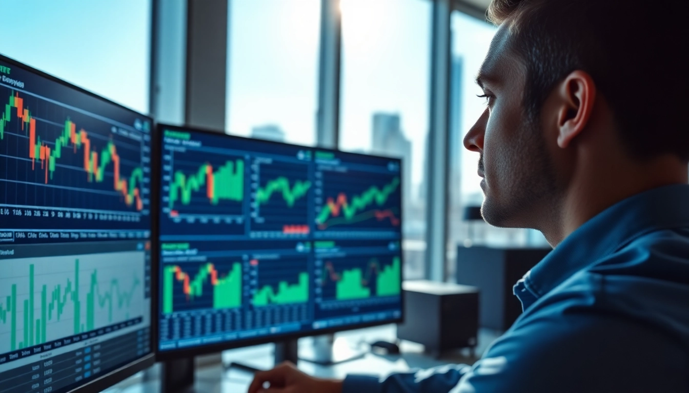 Engaging in online equity trading In Saudi Arabia with a trader analyzing stock data on screens.