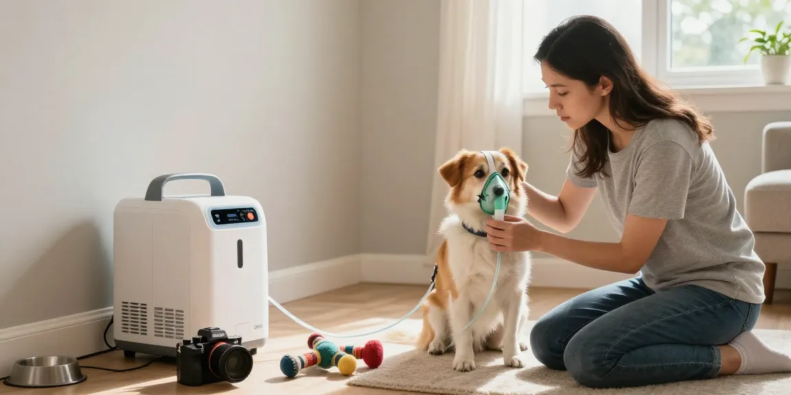 Pet oxygen rental information illustrated through a caring owner applying an oxygen mask to their dog.