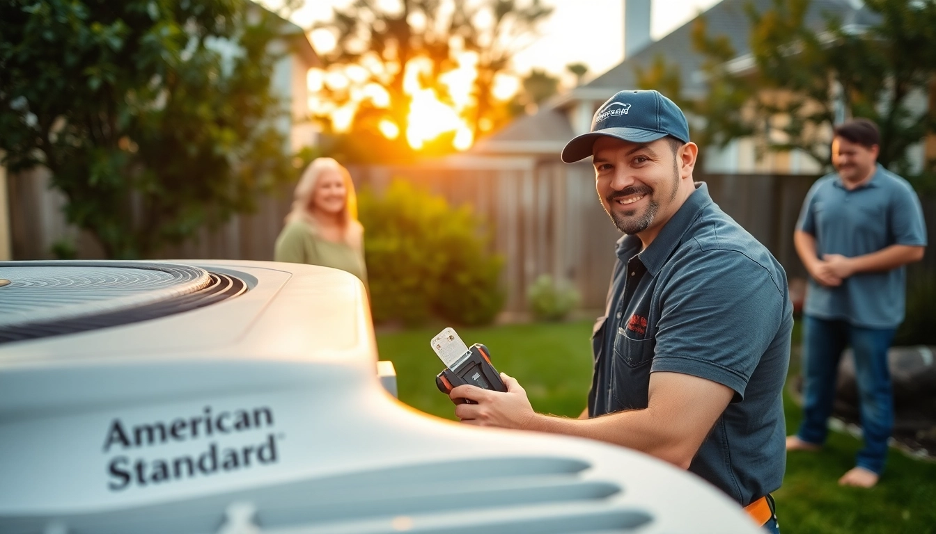 American Standard HVAC dealer assisting a homeowner with an air conditioning unit repair in a cozy backyard.