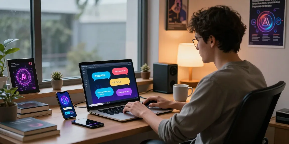 Kobold AI interaction with vibrant chat bubbles and engaging conversations at a modern workspace.