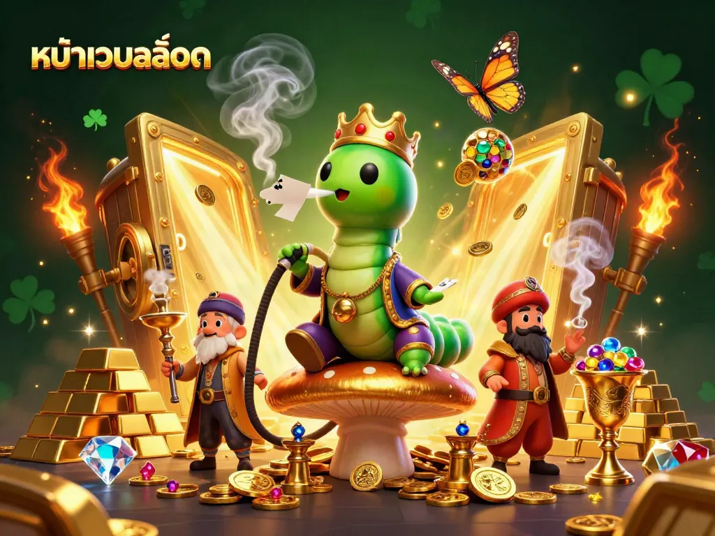 Experience thrilling action on หน้าเว็บสล็อต with a captivating illustration of casino elements and a unique character ensemble.