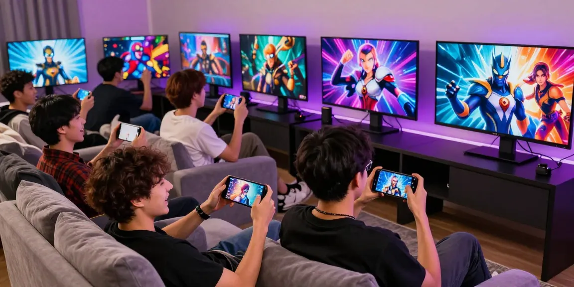 Status game players creating avatars and interacting with AI characters in a vibrant gaming environment.