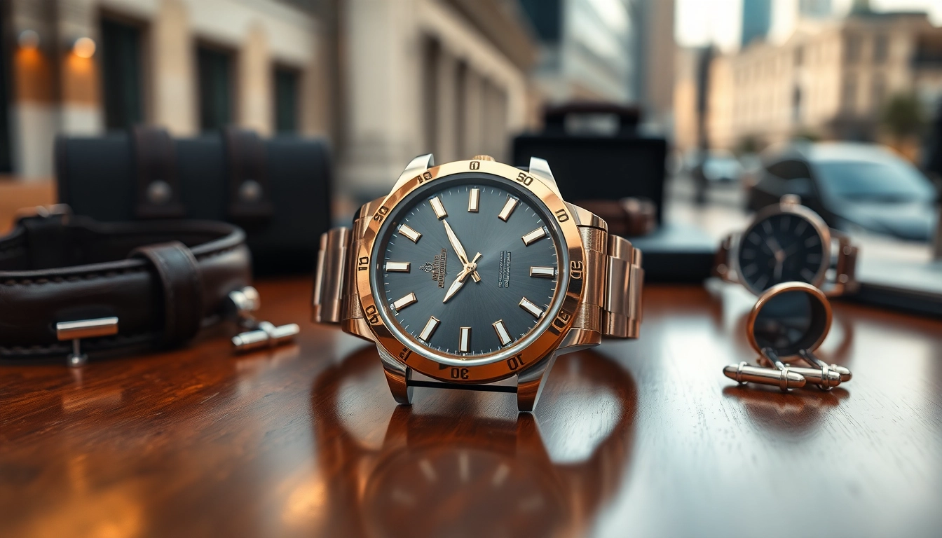 Showcase a luxury rolex replica watch surrounded by elegant accessories.