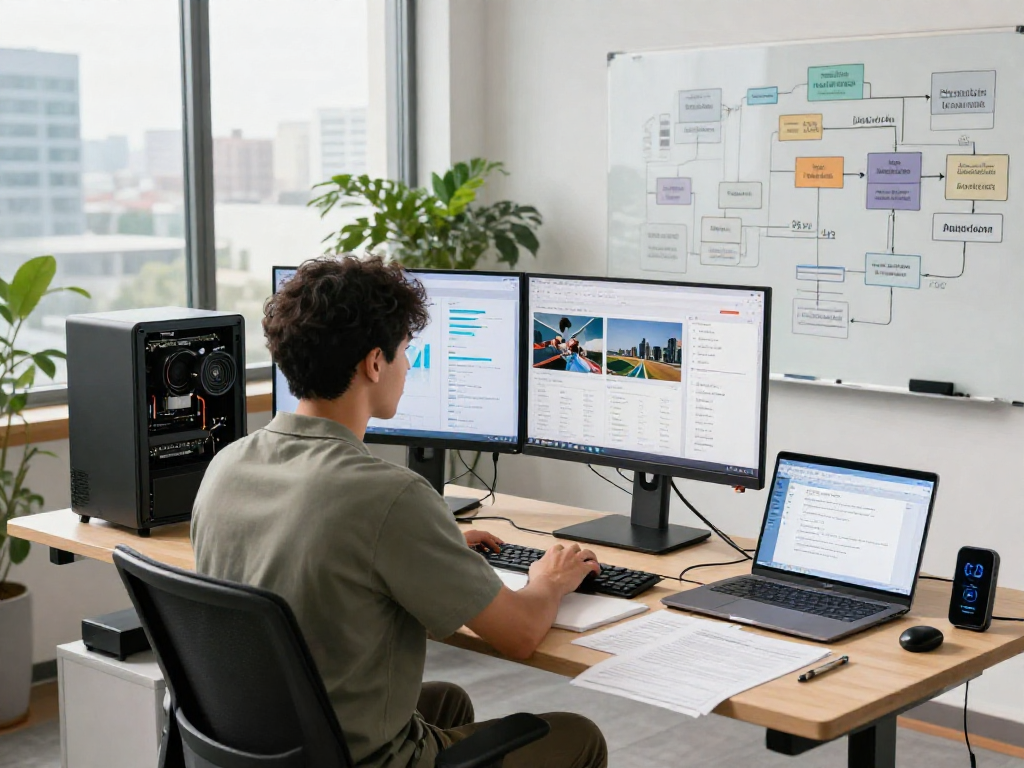 AI image detector performance analysis in a modern workspace, showcasing advanced technology and analytics.