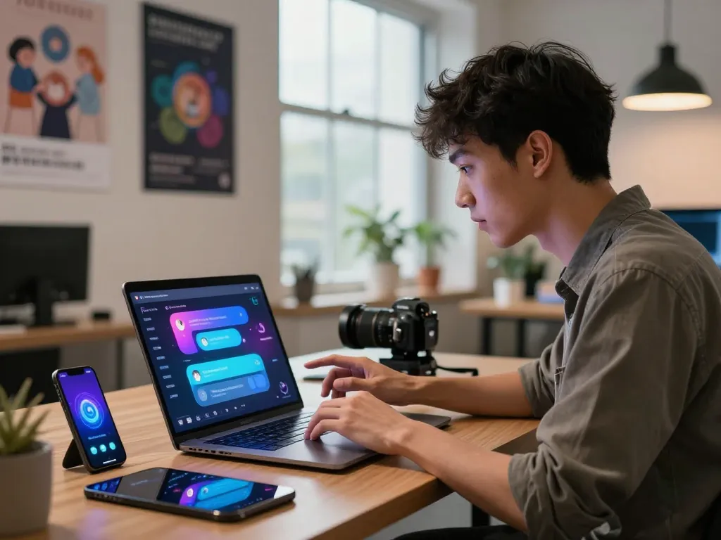 Young man chatting with an AI slut on a laptop in a vibrant tech workspace.