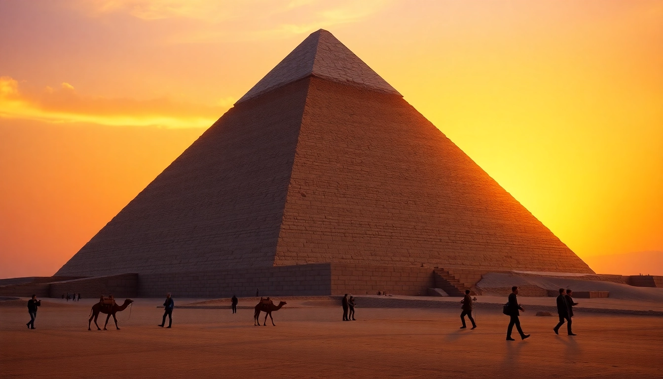 Experience the grandeur of piraminds with tourists exploring the Great Pyramid at sunset.
