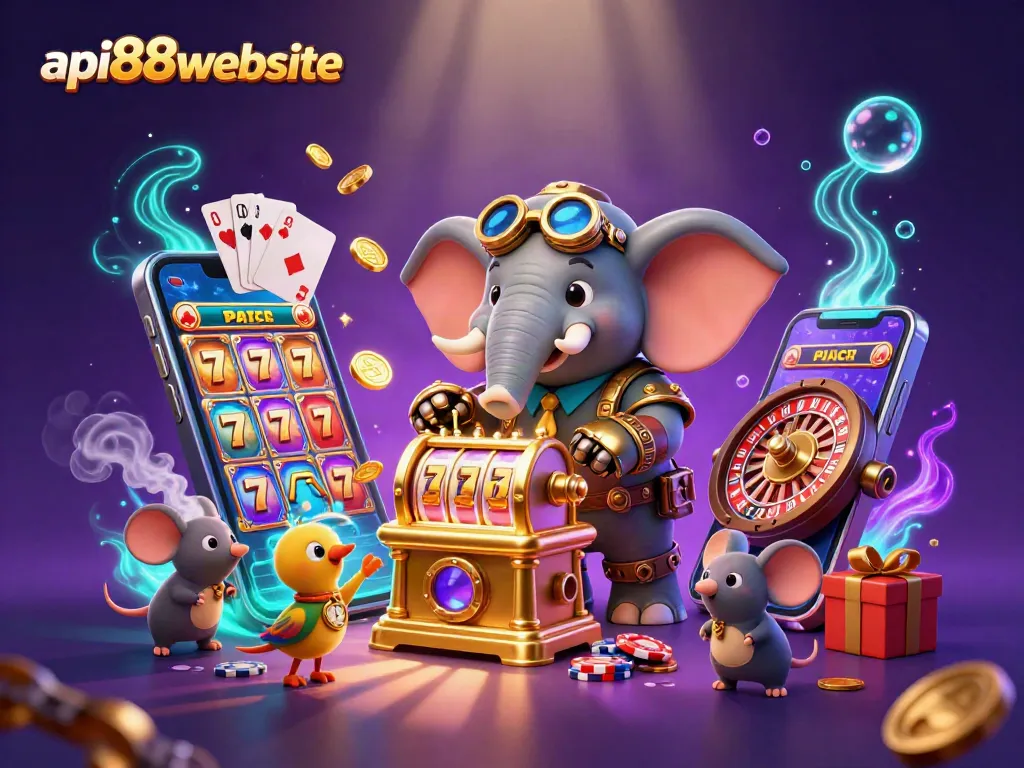 Experience the excitement on api88website with a vibrant 3D steampunk illustration showcasing thrilling slot action.