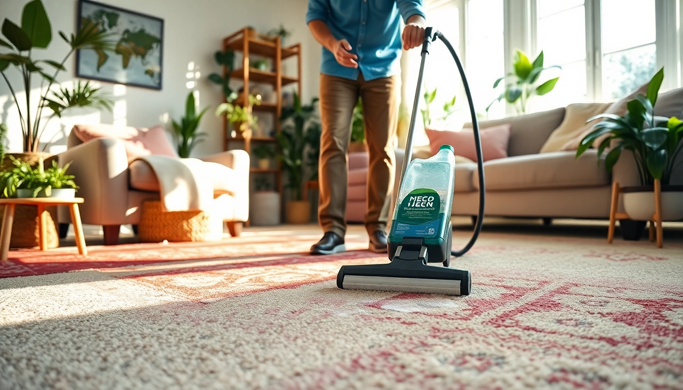 Enhancing pet odor carpet cleaning with a technician at work in a sunny home setting.