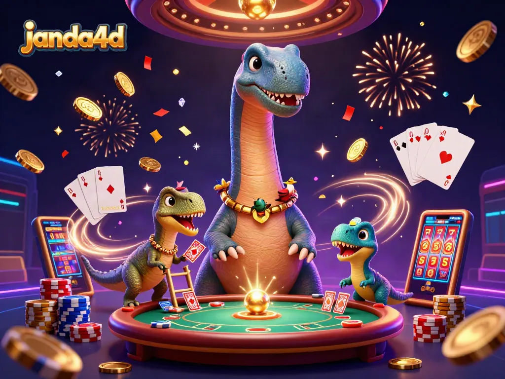 janda4d menampilkan ilustrasi kasino 3D yang dipenuhi dengan karakter dan elemen permainan yang menarik