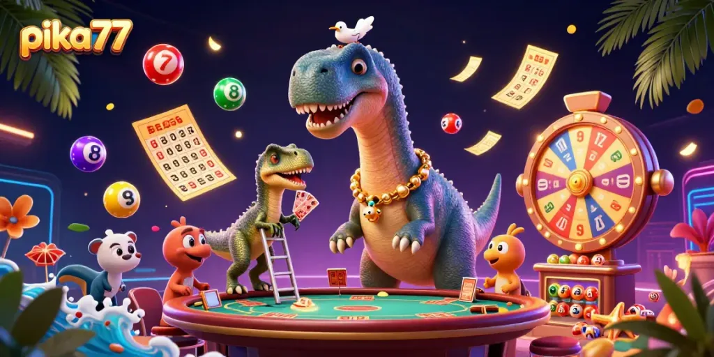 Experience thrilling gameplay with pika77 in a vibrant casino scene filled with colorful lottery elements.