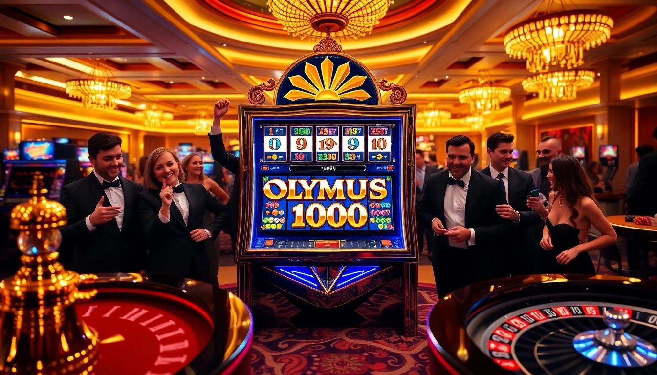 Exciting players engaging with the Olympus 1000 slot machine in a luxurious casino setting.