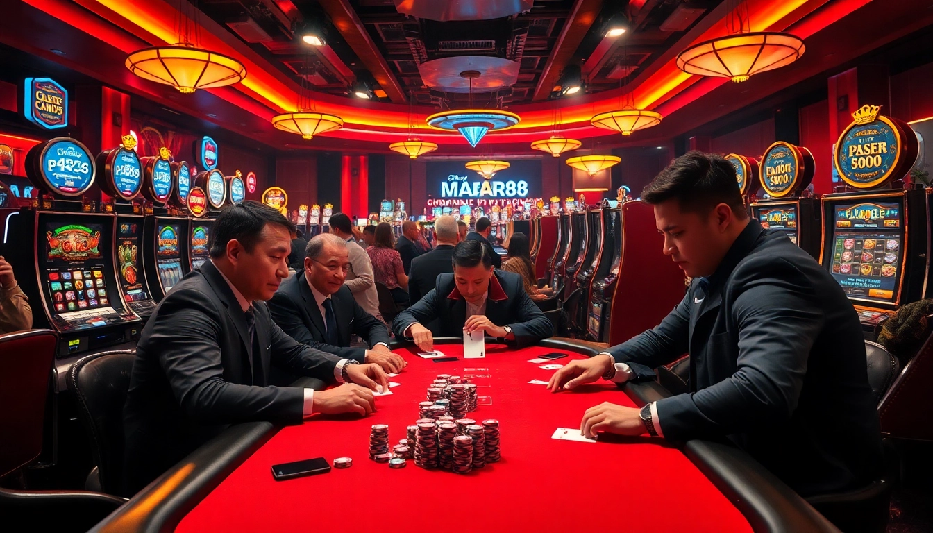 MABAR88 Pulsa memikat pemain poker di kasino, menampilkan suasana penuh semangat.