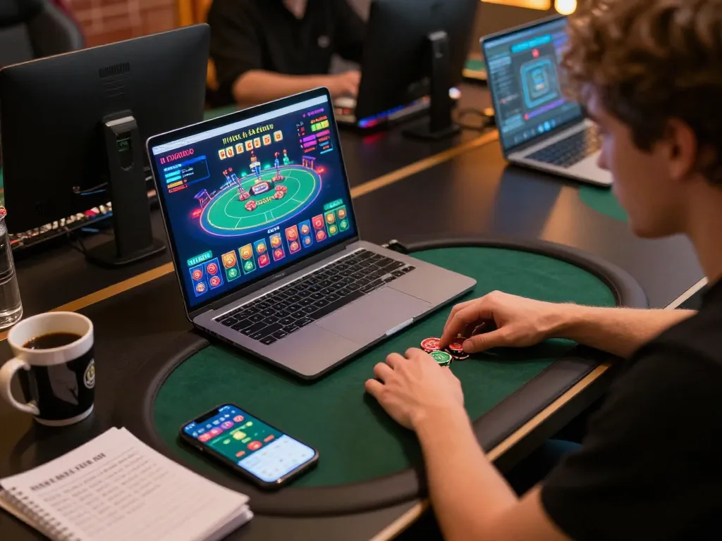 Engaged player using laptop for online gaming on 8kbetbh platform, showcasing poker strategy in action