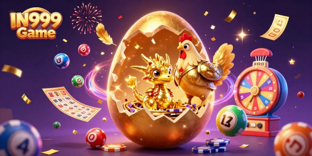 Engage in the exciting IN999 Game with a golden dragon and lottery elements in a dynamic 3D illustration.