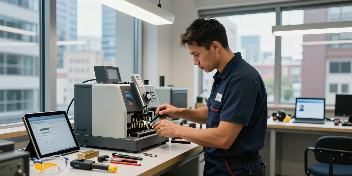 Expert locksmith nearby using advanced tools in a modern workshop environment.