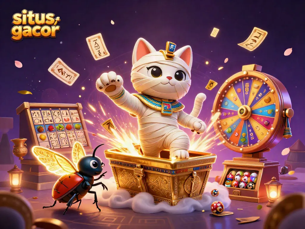 Gali kemenangan di situs slot gacor dengan ilustrasi kucing mummy Mesir yang keluar dari sarkofagus emas.