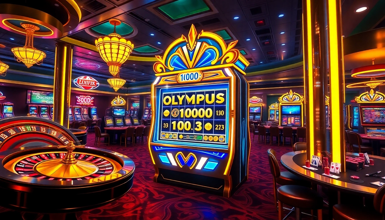 Berinteraksi dengan mesin slot Olympus 1000 di lantai kasino yang penuh warna, dipenuhi kegembiraan dan kemewahan.