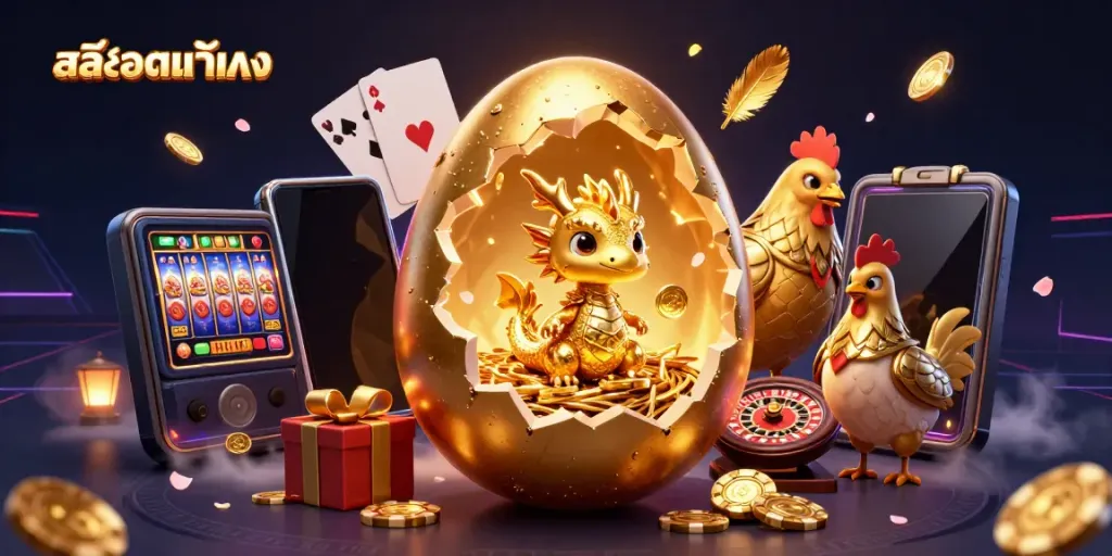 Engaging scene showcasing สล็อตแท้ตรง with a golden dragon and slot game elements, perfect for gamblers.