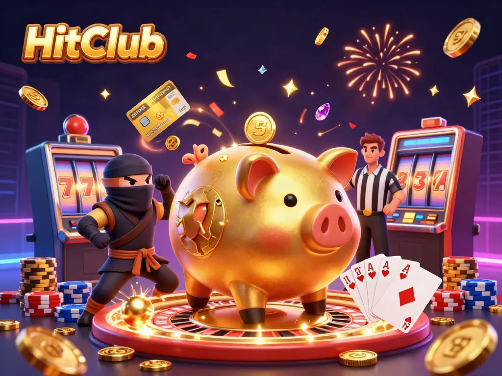 Experience the thrill of HitClub with a dynamic piggy bank sumo wrestler surrounded by cascading coins and casino games.