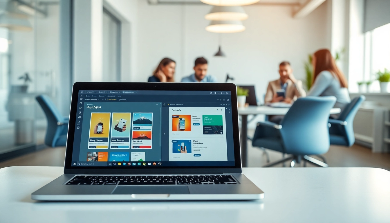 Designing a hubspot marketing email on a laptop with team collaboration in a bright office.
