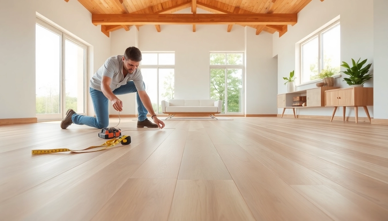 Installing vinyl plank flooring with a modern finish in a bright living area.