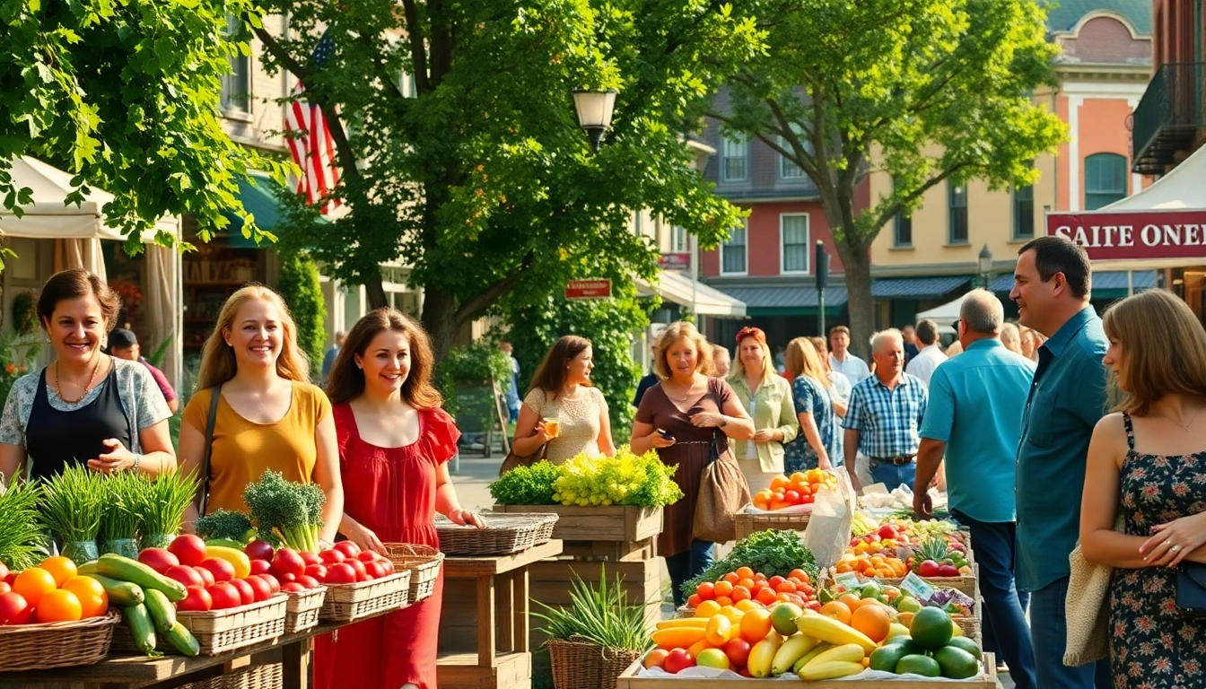 Clarksburg community market vibrant with local vendors and shoppers showcasing goods.