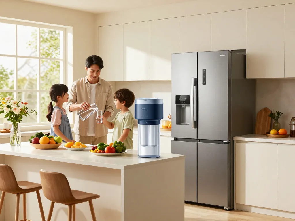 Family in a modern kitchen enjoying fresh water from the Waterdrop DA29-00020B Refrigerator Water Filter, highlighting health and quality.