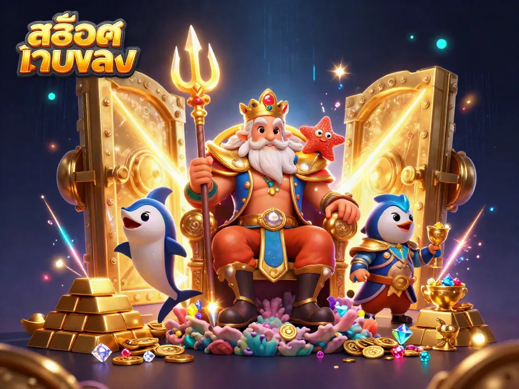 Engage with สล็อตเว็บตรง as a vibrant 3D sea king Neptune surrounded by treasure and gaming elements.
