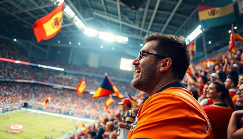 해외축구중계 팬들이 경기장에서 열광적으로 응원하는 모습입니다