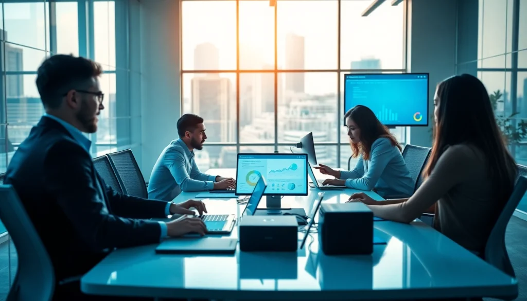 Showcase of a team collaborating on managed IT support services in a modern office.