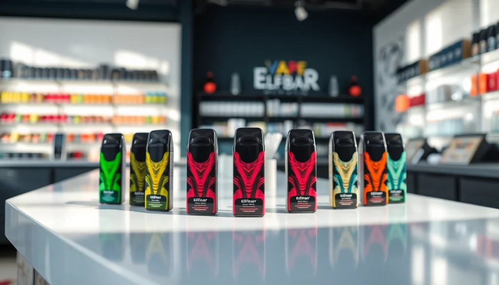 Elfbar pods in verschiedenen Geschmacksrichtungen sorgfältig auf einem modernen Tisch arrangiert.