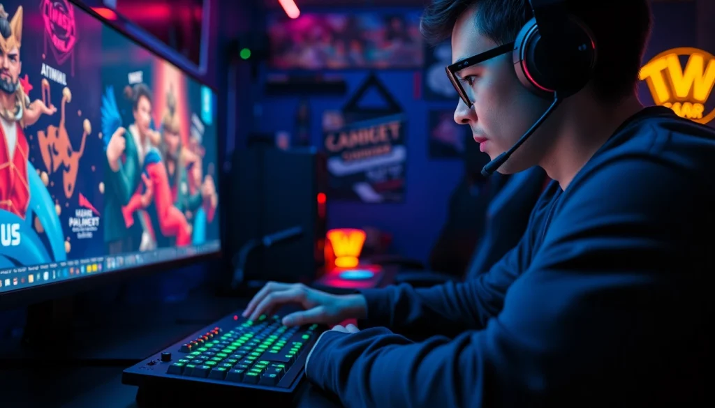 Menggambarkan gamer yang fokus memainkan link gacor unogg game dengan peralatan modern dan pencahayaan dinamis.