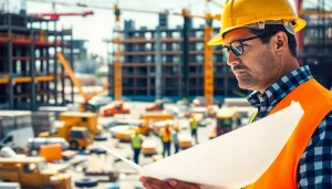 New Jersey Construction Manager reviewing plans on an active construction site.