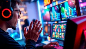 Menangkan permainan pakde4d slot dengan pemain gaming terfokus di depan layar canggih.