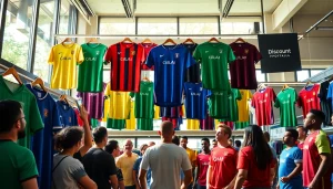 Shop diverse discount football shirts with enthusiastic fans admiring vibrant options in a sports store.