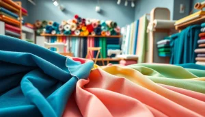 Katoen stoffen in verschillende kleuren en texturen, gepresenteerd in een creatieve showroom.