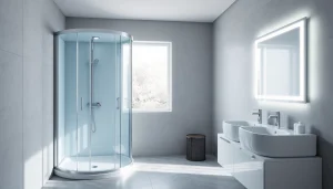 Installez une cabine de douche moderne Sirhona France avec un miroir LED élégant.