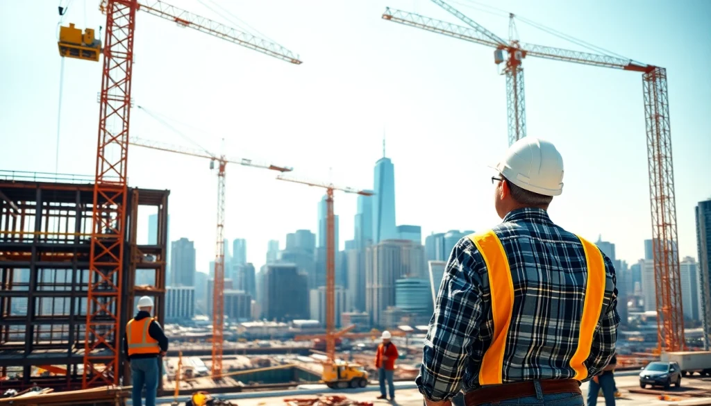 Manhattan General Contractor directing an extensive construction site with cranes and workers.