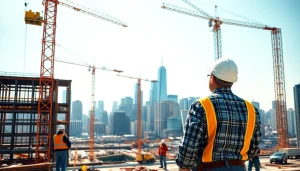 Manhattan General Contractor directing an extensive construction site with cranes and workers.