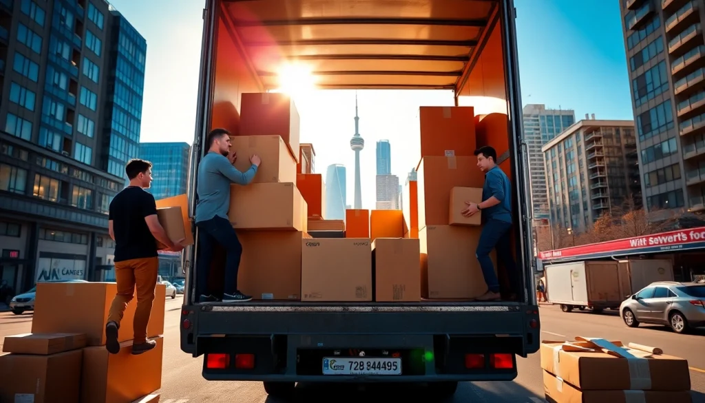 Toronto movers efficiently loading a truck with furniture and boxes in the bustling cityscape.
