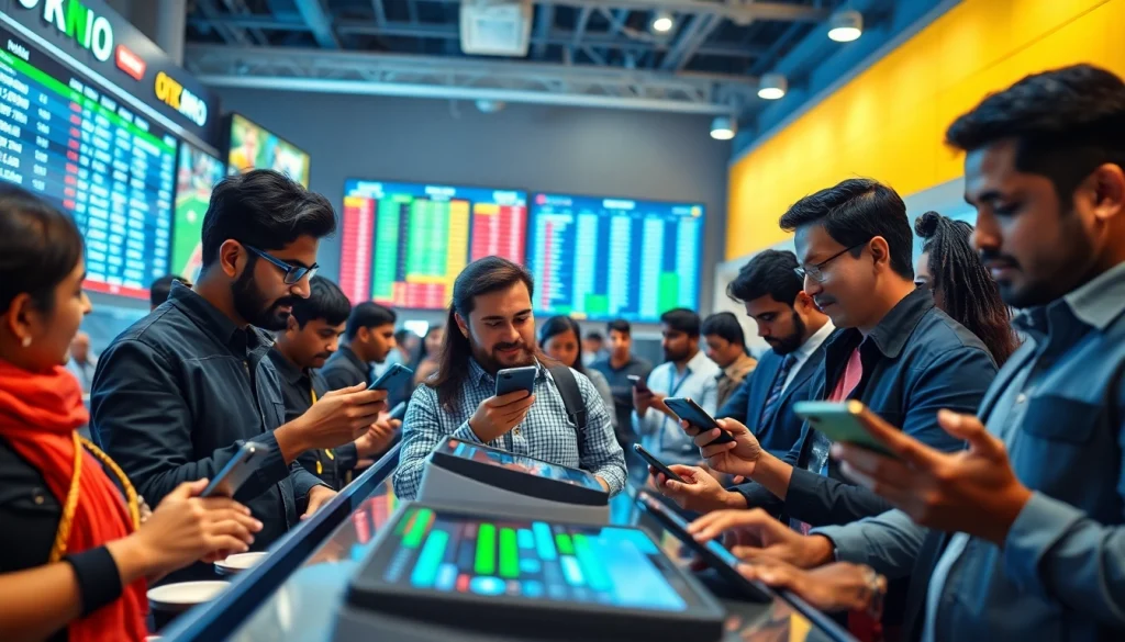 Discover best sports betting sites India through engaged bettors analyzing sports odds in a vibrant environment.