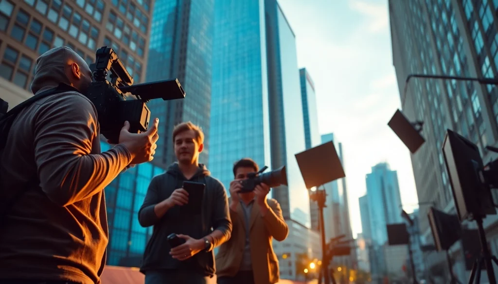 Cinematic video production scene with a film crew collaborating in an urban setting