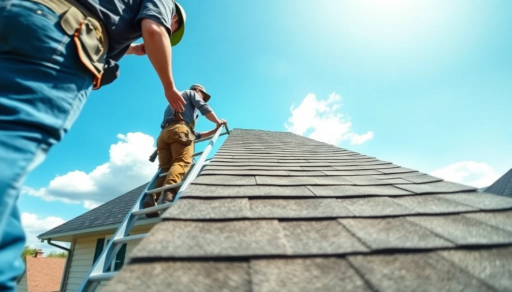 Roofer inspecting shingles on a house, representing reliable roofing services with quality care.