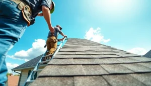 Roofer inspecting shingles on a house, representing reliable roofing services with quality care.