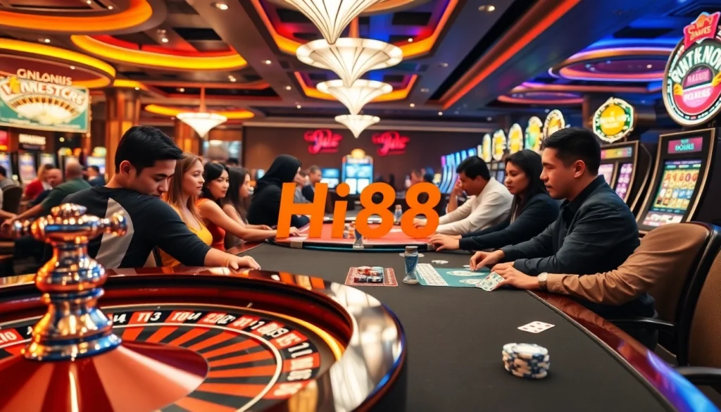 Experience thrilling gameplay at Hi88 casino with vibrant tables, roulette wheels, and excited players.