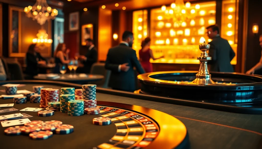 Exciting casino scene showcasing 상품권카드 elements with poker chips and roulette wheel.