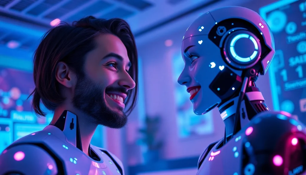 AI sex bot engaging warmly with a user in a modern tech setting, showcasing emotional connection.