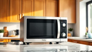 Showcasing a modern microwave oven with a sleek design and inviting kitchen background.