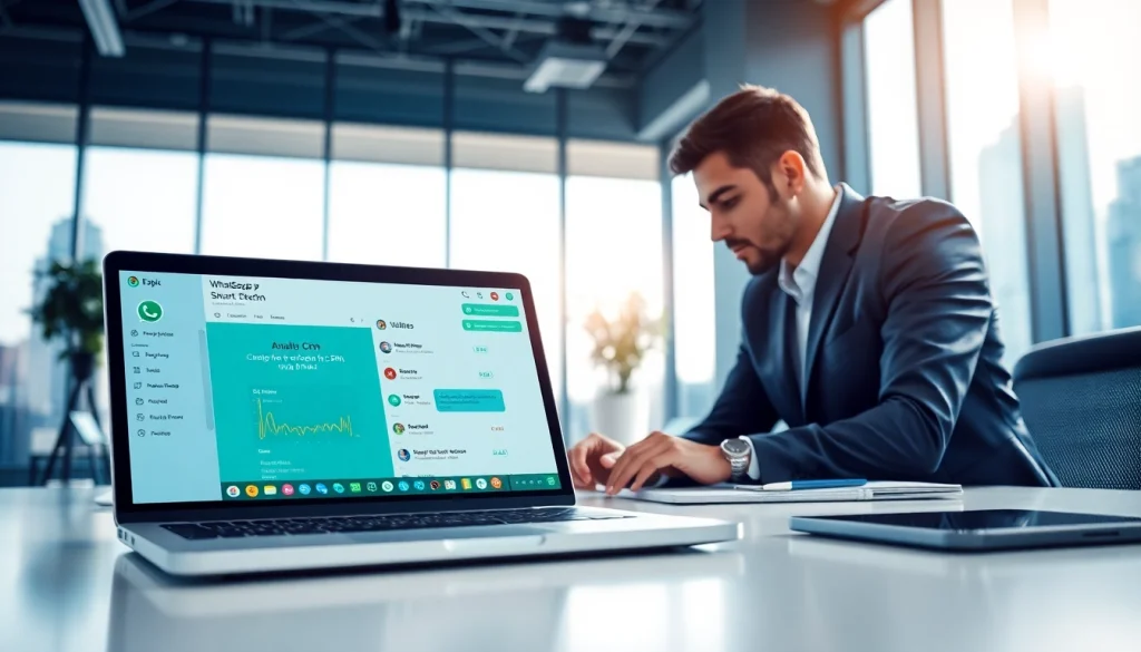 Showcase of WhatsApp Smart CRM functionalities in a professional office setting.